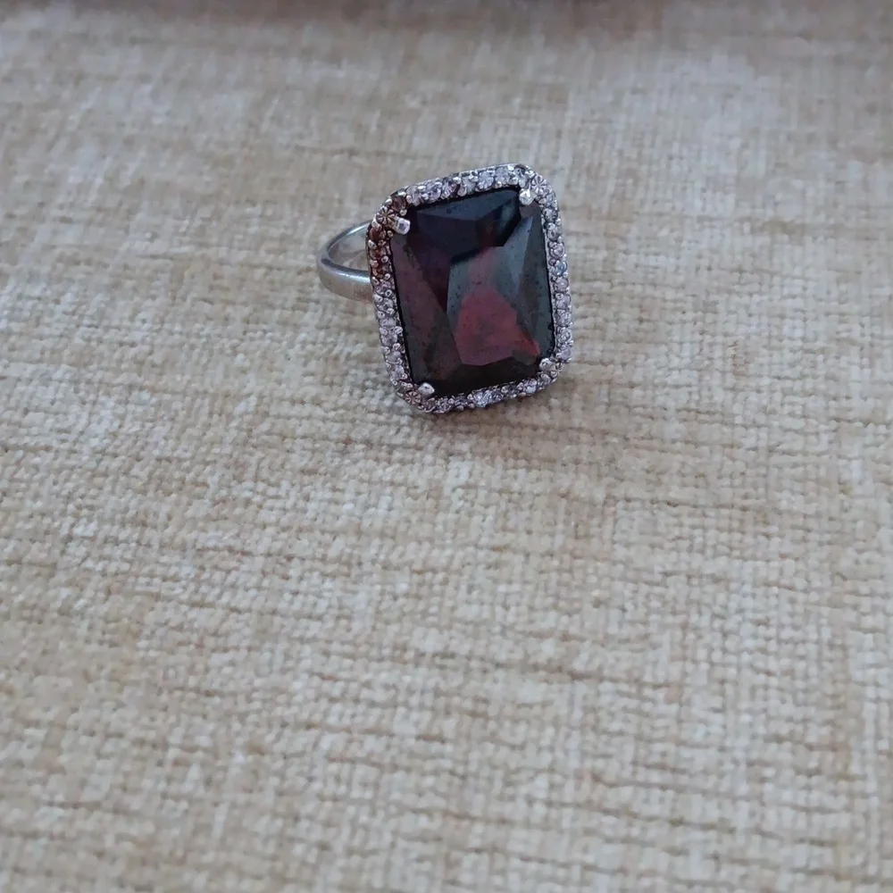 Rectangular Multi Faceted Deep Red Glass Silver Ring